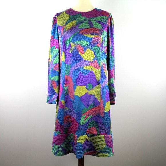 Louis Feraud Vintage Silk Stained Glass Animal Print Long Sleeve Dress 12 - Picture 1 of 7